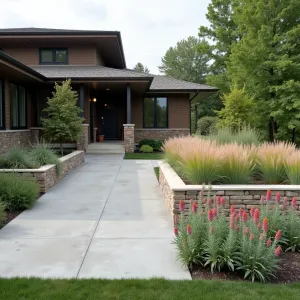 Prairie Style Modern - Horizontal-focused concrete patio design with board-formed texture, featuring low concrete walls, sweeping switchgrass plantings, and contemporary interpretation of Prairie School architecture. Echinacea and Russian sage add color accents