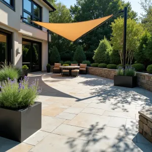 Prism Light Court - Modern concrete patio featuring triangular segments with varying surface textures and embedded prism glass inserts that create rainbow effects in sunlight. Raised geometric planters showcase Purple Heart Tradescantia and Silver Beauty Artemisia, while angular steel shade sails create dynamic shadow patterns