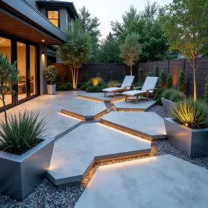 Quantum Garden Matrix - Abstract concrete patio featuring interconnected hexagonal platforms at varying heights with built-in quantum dot lighting. Metallic planters contain Silver Spike Grass and Mirror Bush, while floating concrete cubes create three-dimensional seating arrangement