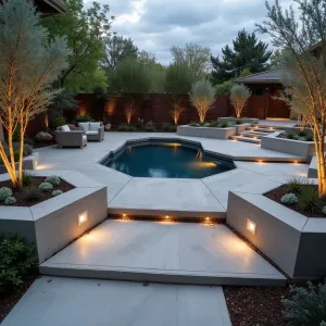 Quantum Garden Terrace - Contemporary stamped concrete patio featuring interconnected hexagonal platforms at varying heights, surrounding a central reflection pool. Illuminated geometric planters contain Silver Grey Astelia and Mexican Bush Sage. Floating concrete bench seating with integrated heating elements creates year-round outdoor living space