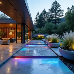 Quantum Reflection Court - Futuristic concrete patio featuring metallic aggregate surfaces that create mirror-like finish, with integrated color-changing LED patterns. Mercury Bay Diamond grass and Silver Spear create ethereal plantings in hovering concrete containers, while transparent acrylic privacy screens reflect light patterns