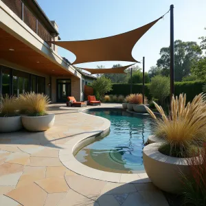 Rhythm and Flow Plaza - Dynamic stamped concrete patio with undulating surface patterns flowing into a curved lap pool. Muhly Grass and Red Yucca create movement in raised concrete planters with integrated seating. Sculptural steel shade sails provide artistic shelter