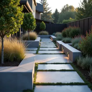 Ribbon Wall Garden - Contemporary concrete patio with undulating ribbon wall design, featuring smooth troweled finish and integrated concrete benches. Staggered planters contain Miscanthus grass and Autumn Joy sedum, while path lighting creates dramatic evening shadows