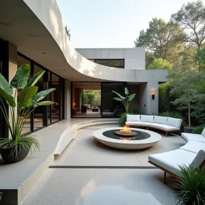 Sculptural Garden Terrace - Contemporary concrete patio featuring sculptural curved walls, smooth terrazzo-finish flooring, and floating concrete steps. Dramatic potted Strelitzia nicolai and ghost ferns soften angular elements, while integrated bench seating wraps around a central fire table with glass surround