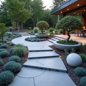 Solar System Circuit - Innovative concrete patio with orbital circular pathways connecting raised concrete pods, featuring built-in LED constellation lighting. Silver Sage and Blue Star Creeper create otherworldly groundcover between paths, while spherical concrete planters contain Dragon Tree specimens