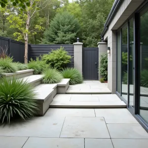 Sound Garden Retreat - Contemporary concrete patio with built-in water wall feature creating white noise, smooth poured surfaces, and integrated concrete seating. Mexican feather grass and maiden hair ferns soften the modern edges while providing gentle movement