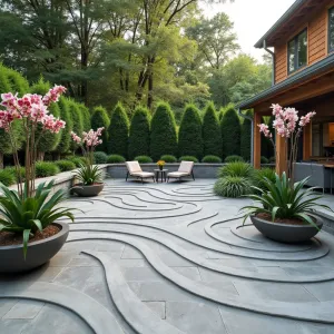 Sound Wave Sanctuary - Innovative concrete patio with undulating surface pattern inspired by sound waves, featuring integrated audio system and vibration pools. Weeping Blue Atlas Cedar and Dancing Ladies Orchids in acoustic concrete planters create dynamic visual rhythm