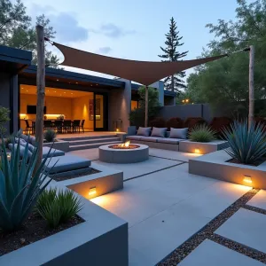 Sunken Conversation Pit - Modern sunken concrete patio featuring circular conversation area with built-in seating, surrounded by raised concrete planters filled with Mexican Feather Grass and Blue Glow Agave. Overhead retractable shade sail and inset floor lighting create intimate atmosphere for entertaining