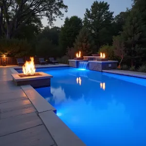 Sunset Horizon Deck - Modern stamped concrete pool deck with wood grain texture transitioning to smooth finish around infinity edge pool. Kings Crown and Blue Chalk Sticks cascade from elevated concrete planters. Integrated mood lighting and floating fire features create evening ambiance