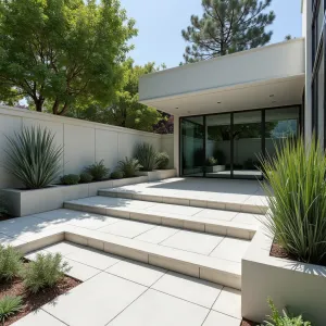 Tesseract Garden Matrix - Four-dimensional inspired concrete patio featuring interconnected cube formations at various levels, creating optical illusion of infinite space. Steel Blue Star Palm and Matrix Mondo Grass in cubic concrete planters enhance geometric theme, while mirrored panels create depth illusion