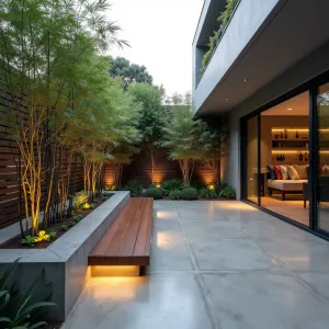 Tropical Minimalist Deck - Sleek concrete patio with floating wooden deck inserts, featuring built-in concrete planters with black bamboo and giant bird of paradise. Polished concrete surfaces and copper accent lighting create resort-style luxury in compact space