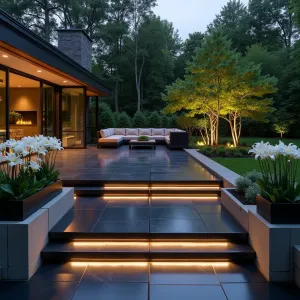 Twilight Lounge - Sophisticated concrete patio with polished black finish, featuring illuminated concrete steps, white arum lilies in geometric planters, and modern outdoor sectional. Glass privacy screens and uplighted paper bark maple trees create evening ambiance