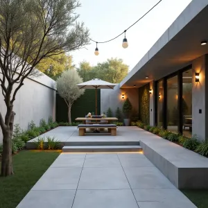 Urban Retreat - Compact modern concrete patio with board-formed concrete walls, built-in bench seating, and overhead string lighting. Vertical garden wall and potted olive trees create natural elements within the urban setting