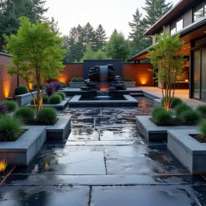 Volcanic Glass Terrace - Dramatic concrete patio with obsidian-like finish, featuring embedded black glass aggregate and copper inlays. Raised concrete planters showcase Black Mondo Grass and Purple Cordyline, while a contemporary lava rock water feature creates striking focal point