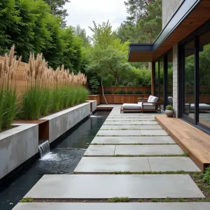 Water Feature Retreat - Modern concrete patio featuring a linear water channel with cascade, surrounded by angular concrete seating areas and cor-ten steel planters filled with horsetail reed. Textured concrete finish with inset lighting and floating wooden deck sections