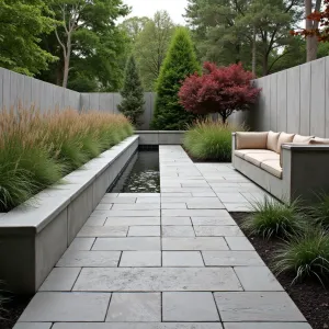 Woven Texture Haven - Sophisticated stamped concrete patio with basket weave texture pattern, surrounded by tall concrete walls with integrated bench seating. Red twig dogwood and ornamental millet grass provide seasonal interest, while a contemporary water channel creates soothing sounds