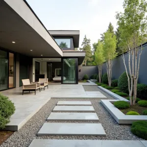 Zen Garden Connection - Contemporary concrete patio with Japanese design influence, featuring smooth concrete surfaces intersected by gravel channels, modern furniture, and minimal plantings of cloud-pruned juniper and moss gardens. Steel and glass privacy screens add structure