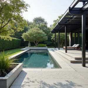 Zen Pool Pavilion - Minimalist stamped concrete patio with bamboo texture imprint, featuring a linear lap pool bordered by floating concrete platforms. Black Japanese Forest Grass and Cloud-Pruned Junipers in concrete troughs create serene atmosphere. Steel and glass pavilion provides elegant shelter