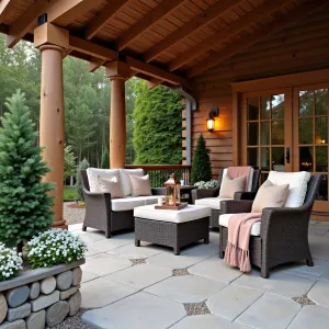 Alpine Lodge Sanctuary - Heated concrete patio with pine cone impressions under a heavy timber deck. Swiss chalet-style furniture with wool blankets and faux fur cushions. Stone-faced planters containing Dwarf Alberta Spruce, Alpine Aster, and Edelweiss. Copper lanterns provide warm lighting