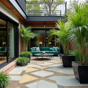 Art Deco Garden Room - Geometric-patterned concrete patio with metallic staining under a stepped deck design. Chrome and velvet furniture in emerald and gold. Black geometric planters containing Parlor Palm, Birds of Paradise, and Silver Dollar Eucalyptus. Mirror-finished panels enhance light