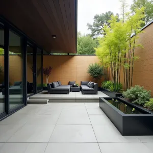 Asian-Inspired Sanctuary - Smooth concrete patio with bamboo screen privacy panels under a dark wood deck. Low profile furniture with minimalist design, featuring a zen water fountain. Black planters with Japanese Maples and Bamboo creating natural screens