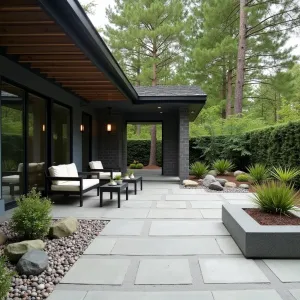 Asian Rock Garden - Smooth concrete patio with embedded river rocks under a black bamboo deck. Features miniature rock garden with raked sand patterns. Low profile black metal furniture with cream cushions. Granite planters containing Cloud Pine, Japanese Forest Grass, and Dragon's Blood Sedum