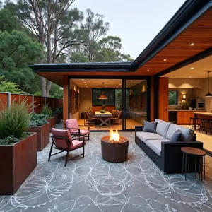 Australian Outback Veranda - Textured concrete patio with aboriginal-inspired patterns under a sustainable hardwood deck. Contemporary outdoor furniture in rust and gray tones. Cor-ten steel planters containing Australian Tree Fern, Kangaroo Paw, and New Zealand Flax. Integrated fire pit provides evening warmth