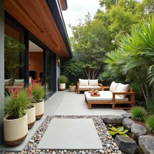 Balinese Spa Retreat - Smooth concrete patio with river rock inlays under an exotic hardwood deck. Featuring low-profile bamboo furniture with ivory cushions and bronze accents. Glazed ceramic planters containing Tiger Grass, Travelers Palm, and Red Ginger. Bamboo water features create peaceful ambiance