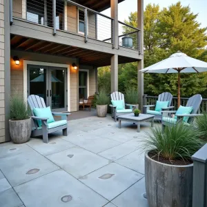 Beach House Retreat - Salt-washed concrete patio with seashell imprints under a composite deck with cable railings. Modern Adirondack furniture in weathered gray with aqua cushions. Driftwood-style planters containing Beach Grass, Coastal Rosemary, and Blue Dune Grass. Marine-grade stainless steel lighting adds coastal charm