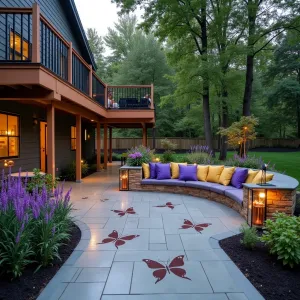 Butterfly Garden Sanctuary - Permeable concrete patio with butterfly-shaped inlays under a cantilevered composite deck. Curved seating area with purple and yellow cushions surrounded by tiered planters. Features copper and glass planters filled with Butterfly Bush, Purple Coneflower, and Milkweed. Solar-powered butterfly-shaped lights create whimsical evening atmosphere