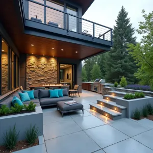 Cascading Water Wall Haven - Smooth concrete patio with inlaid river stones under a modern aluminum deck. Features a dramatic glass and stone water wall with LED lighting. Contemporary sectional in slate gray with teal accents, complemented by stepped concrete planters containing Blue Rush, Weeping Blue Atlas Cedar, and Trailing Rosemary