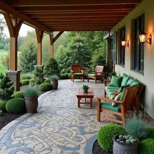 Celtic Knot Garden - Intricate stamped concrete patio with Celtic knot patterns under a timber frame deck. Traditional teak furniture with emerald green cushions. Lead-look planters containing Dwarf Irish Yew, Irish Moss, and Blue Fescue. Copper lanterns provide warm illumination