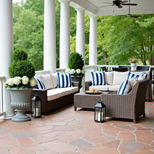 Colonial Revival Veranda - Stamped concrete patio with brick pattern under a classical columned deck. Traditional wicker furniture with navy and white striped cushions. Classic urns containing Boxwood Globes, White Hydrangeas, and American Holly. Hurricane lanterns provide traditional lighting