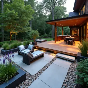 Contemporary Rain Garden Sanctuary - Exposed aggregate concrete patio with integrated drainage channels under a floating ipe wood deck. Features sustainable drainage system with decorative river rock borders. Deep charcoal modern loungers with silver cushions, paired with geometric concrete planters containing Blue Rush, Black-Eyed Susan, and Swamp Milkweed. Deck-mounted downlighting creates dramatic shadows