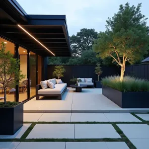 Contemporary Zen Courtyard - Smooth polished concrete patio with minimalist scoring under a black aluminum deck. Low-profile Japanese-inspired furniture in charcoal with light gray cushions. Black bamboo planters featuring Cloud Pruned Pines, Japanese Sedge, and Silver Grass. LED strip lighting creates subtle evening ambiance