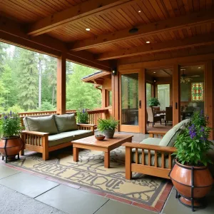 Craftsman Garden Room - Hand-tooled concrete patio with prairie-style borders under a massive wooden deck with Arts & Crafts detailing. Mission-style furniture in quarter-sawn oak with sage green cushions. Copper-patina planters containing Oregon Grape, Autumn Fern, and native Columbine. Stained glass deck panels filter natural light