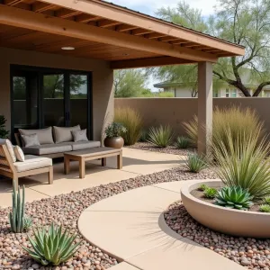 Desert Modern Oasis - Sand-colored concrete patio with embedded pebble design under a slatted deck. Low-water landscape design with modern furniture in earth tones. Concrete bowls with various succulents and ornamental grasses creating desert ambiance