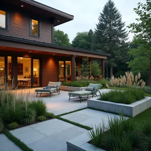 Eco-Modern Rainwater Garden - Permeable concrete patio with subtle gradient coloring under a sustainable composite deck. Features integrated rainwater collection system with glass catchment tubes. Modern loungers in sage green, surrounded by recycled concrete planters filled with Rain Garden Sedge, Joe Pye Weed, and native grasses. Solar-powered ambient lighting creates evening glow