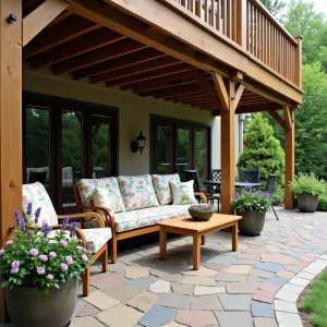 English Garden Extension - Stamped concrete patio with cobblestone pattern under a traditional deck with lattice skirting. Classic teak furniture with floral cushions, surrounded by vintage-style lead planters containing English Roses, Lavender, and Climbing Clematis