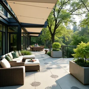 Four Season Sunroom - Heated concrete patio with leaf fossil impressions under a glass-enclosed deck. All-weather wicker furniture with performance fabric in cream and forest green. Elevated concrete planters containing Japanese Maple, Winter Heath, and Evergreen Clematis. Automated shade system provides climate control