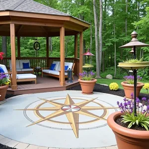 Four Winds Garden - Compass-rose patterned concrete patio under an octagonal deck structure. Features directional seating areas with wind chimes and weather vanes. Teak furniture with blue and white cushions. Elevated planters containing Blue Spruce, Red Twig Dogwood, Golden Euonymus, and Purple Smoke Bush representing cardinal directions