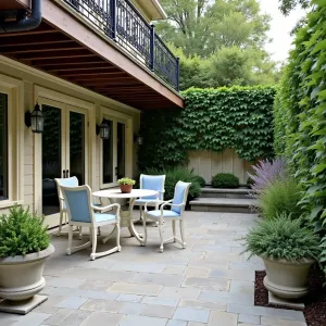 French Provincial Haven - Antiqued concrete patio with herringbone pattern under a wrought iron and wood deck. French bistro furniture in cream and blue, surrounded by limestone planters containing Dwarf Boxwood, French Lavender, and climbing Star Jasmine