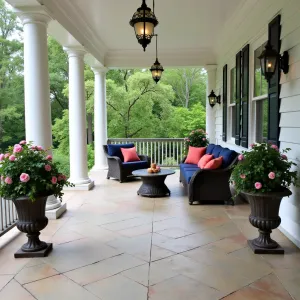 Georgian Colonial Extension - Formal stamped concrete patio with classical patterns under a white columned deck. Traditional deep-seated furniture with navy and coral cushions. Cast iron urns containing American Boxwood, Climbing New Dawn Roses, and English Ivy. Gas lanterns provide traditional charm