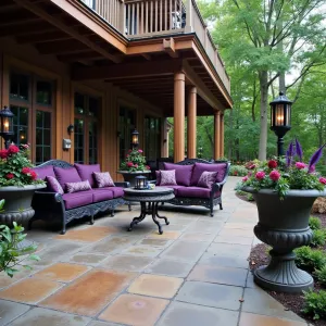 Gothic Revival Garden - Antiqued concrete patio with cathedral window patterns under an ornate wooden deck. Gothic-inspired metal furniture with deep purple cushions. Cast stone planters containing climbing Dark Roses, Black Mondo Grass, and Purple Smokebush. Gas lanterns provide mysterious ambiance