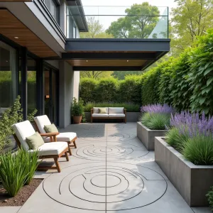 Healing Garden Sanctuary - Heated concrete patio with circular patterns under a glass panel deck. Features meditation space and aromatherapy garden. Ergonomic lounge furniture in natural tones. Raised planters containing Lavender, Chamomile, and White Sage for therapeutic benefits