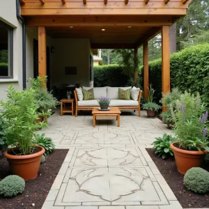 Herb Spiral Sanctuary - Textured concrete patio with herb-leaf impressions under a cedar deck. Features spiral-designed herb garden with integrated seating. Sustainable bamboo furniture with sage and lavender cushions. Terracotta planters containing Rosemary, Thyme, Sage, and flowering herbs