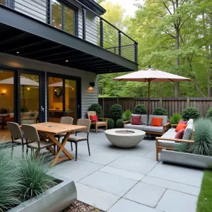 Industrial Chic Gathering - Smooth concrete patio with geometric pattern staining under a metal deck structure. Metal and wood furniture mix, featuring a concrete fire pit as centerpiece. Steel planters with ornamental grasses and Blue Fescue create natural movement