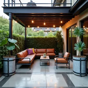 Industrial Greenhouse Extension - Polished concrete patio with steel inlays under a glass and metal deck structure. Industrial pipe furniture with leather cushions. Galvanized metal planters featuring Fiddle Leaf Fig, Snake Plant, and String of Pearls. Edison bulb lighting creates warm industrial ambiance