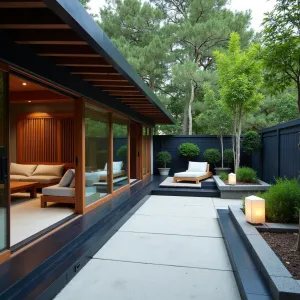 Japanese Tea Garden - Smooth concrete patio with raked sand pattern impressions under a black-stained deck. Traditional low wooden furniture with zabuton cushions. Cast stone planters featuring Cloud Pruned Juniper, Japanese Forest Grass, and Dwarf Sacred Bamboo. Paper lanterns create soft illumination