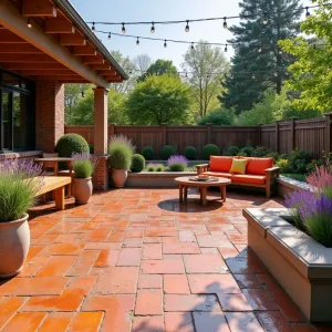 Mediterranean Entertainment Space - Textured concrete patio with terracotta-colored stain under a pergola-style deck. Built-in concrete bench seating with bright cushions, terra cotta pots filled with Lavender and Rosemary. String lights crisscross overhead creating a warm ambiance